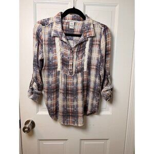 American Rag Cie Blouse Popover Plaid with Roll Tab Sleeve Women's Size Small